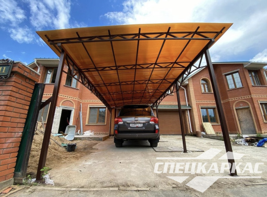 Односкатный навес из поликарбоната для парковки двух автомобилей №23 - фото 1193
